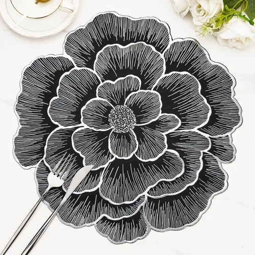 Vista 10 de Juego de 6 manteles individuales dorados con flores para mesa de comedor, manteles individuales redondos de vinilo prensado metálico de 15 pulgadas