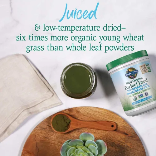 Vista 3 de Garden of Life Raw 100% orgánico Perfect Food Jugo de hierba de trigo de Estados Unidos – Superalimento en polvo verde, 60 porciones – sin stevia