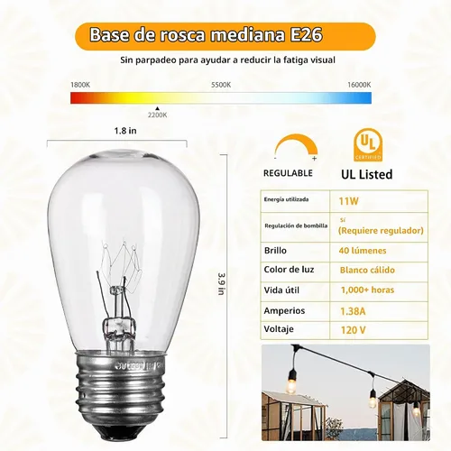 Vista 2 de Minetom Bombillas incandescentes Edison S14, paquete de 20 unidades, 11 W, blanco cálido