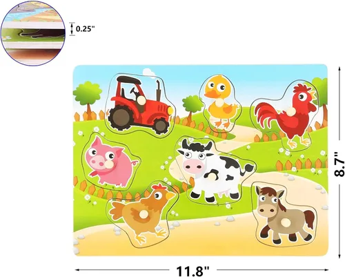 Vista 2 de Rompecabezas de madera con diseño de granja para bebés, imágenes a todo color para preescolar, 7 piezas