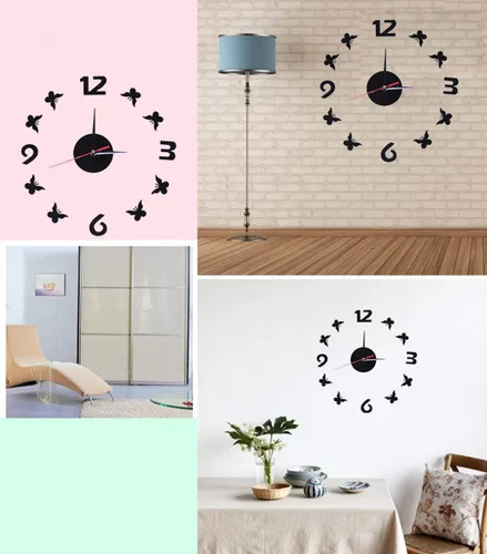 Vista 6 de Kit de reloj de pared grande sin marco, silencioso, sin tictac, 3D, moderno, con mariposas, para bricolaje, con número de espejo, calcomanías