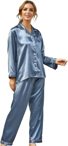 Vista 3 de Conjunto de pijama de seda para mujer, conjunto de pijama de manga larga de dos piezas, conjunto de pijama con botones, ropa de dormir
