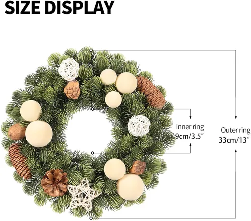 Vista 3 de Pequeña corona de Navidad, bola de terciopelo beige artificial de 13 pulgadas, mini coronas para decoración de Navidad de puerta delantera