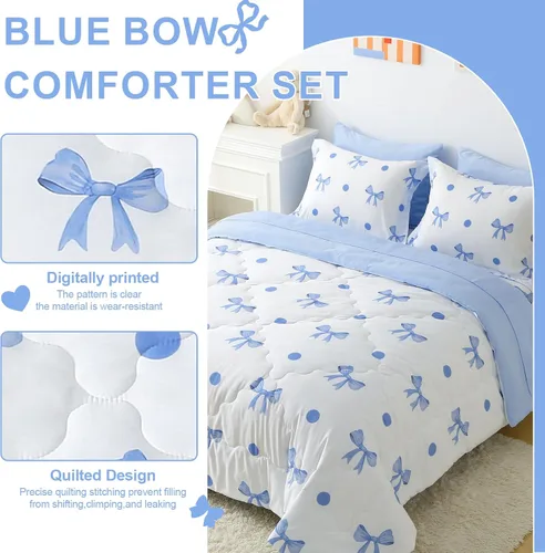 Vista 2 de Wajade Juego de edredón de 7 piezas con lazo azul para niñas, juego de ropa de cama tamaño individual con sábana y 2 fundas de almohada, 2 fundas