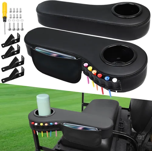 Vista 8 de MOSNAI Golf Cart Armrest with Cup Holder for Club Car EZGO Yamaha Rear Seat 1-Inch Square Tube, Upgrade Golf Cart Armrest with Phone Storage Pouch