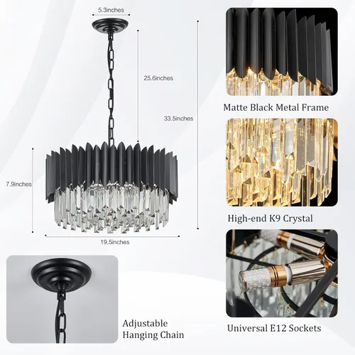 Vista 2 de Candelabro de cristal negro de 20 pulgadas, K9, luces colgantes redondas, ajustables, de 4 niveles, gran lámpara de cristal moderna, 6 luces