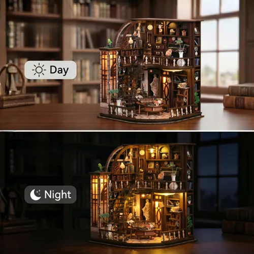 Vista 4 de FERAHI Kits de rincón de libros para adultos, decoración de rincón de libros con luz LED, kit de casa en miniatura, rompecabezas de madera 3D, kit