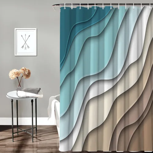 Vista 3 de BestLives Cortinas de ducha verde azulado azul moderno geométrico cortina de baño marrón abstracto ola océano impermeable tela de poliéster cortina