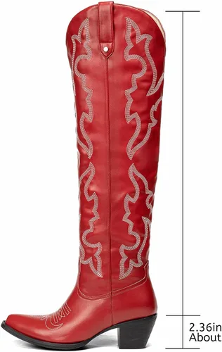 Vista 2 de SO SIMPOK Botas altas bordadas hasta la rodilla para mujer, botas vaqueras de tacón grueso para mujer, botas vaqueras occidentales