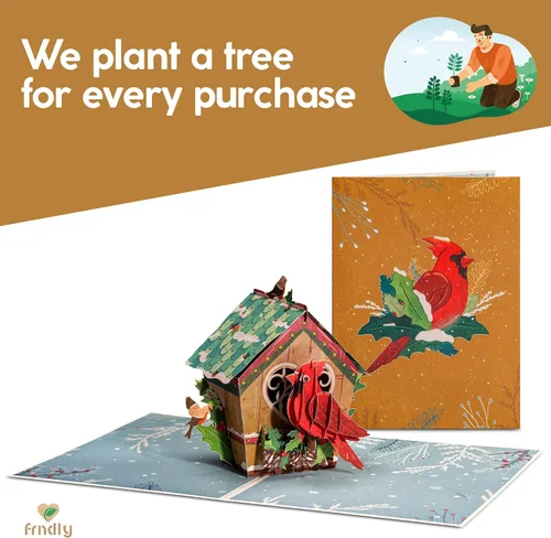 Vista 5 de Frndly by Paper Love Bird House Tarjeta de Navidad Pop Up, Tarjetas de Felicitación Emergentes 3D Hechas a Mano, Para Navidad o Días Festivos, 100%