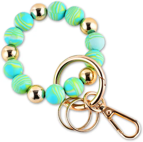 Vista 24 de Junyuerly Pulsera Llavero de Silicona con Cuentas para Mujeres, Brazalete Elástico con Anillo de Llaves Cuenta azul