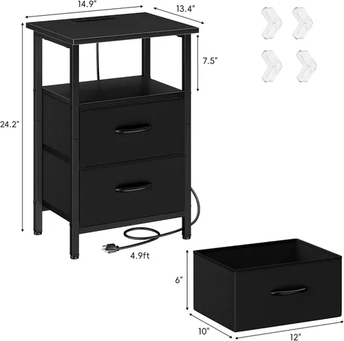 Vista 3 de Vagusicc Nightstand with Charging Station, End Table Bedside Table with 2 Fabric Drawers, Black Night Stand with USB Ports & Outlets, 24.2" Tall Bed