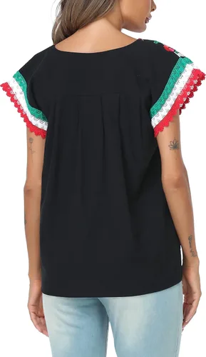Vista 7 de YZXDORWJ Blusa tradicional colorida con encaje bordado mexicano para mujer, camiseta tricolor para el día de la independencia mexicana