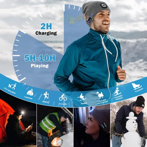 Vista 2 de Gorro Bluetooth con luz, unisex, recargable, LED, con auriculares, regalos técnicos para hombres, mujeres, papá