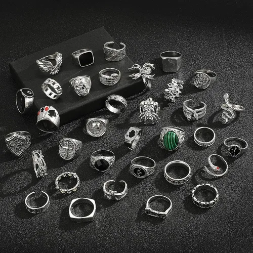 Vista 4 de Juego de 34 anillos punk plateados vintage para mujeres y hombres, con sello gótico, apilables, calavera, póquer, nudillos, juego de 34 piezas
