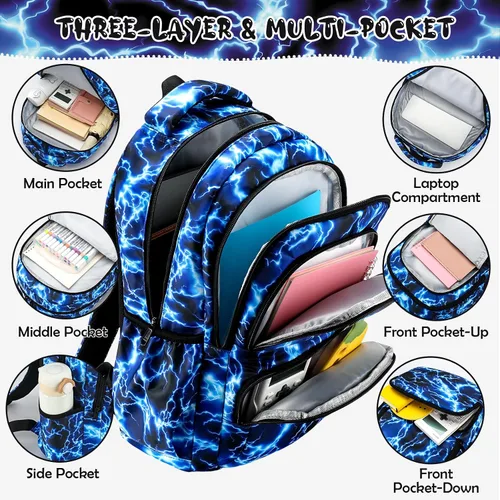 Vista 4 de Mochila para niños y niñas, juego de mochila para niños, bolsa ligera con lonchera y bolsa para lápices para primaria primaria Relámpagos.