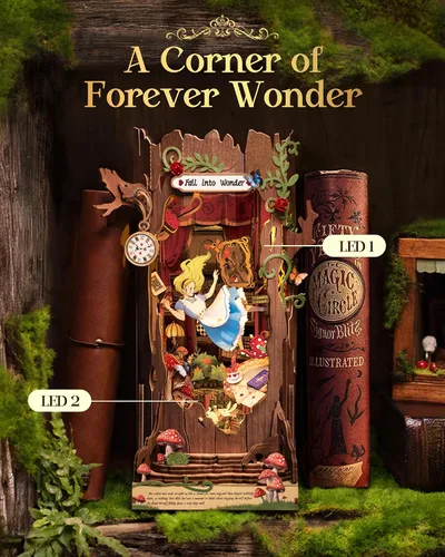 Vista 2 de Rolife Kit de Rincón de Libro Fall into Wonder Kit en Miniatura de Bricolaje, Hueco de Árbol de 9.9" Rincón de Libro Rompecabezas de Madera 3D