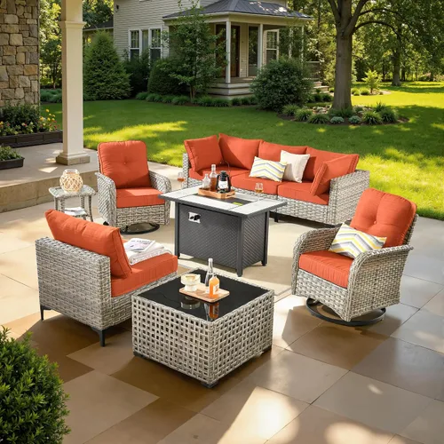 Vista 17 de ovios Muebles de patio de 8 piezas con hoguera, juego de conversación de mimbre de ratán para exteriores con mesa de centro brillante, cómodo sofá