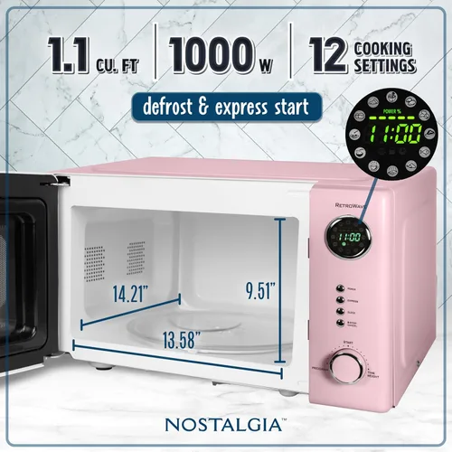 Vista 85 de Nostalgia Horno microondas retro compacto para encimera, 0.7 pies cúbicos, 700 vatios con pantalla digital LED, bloqueo para niños, interior fácil