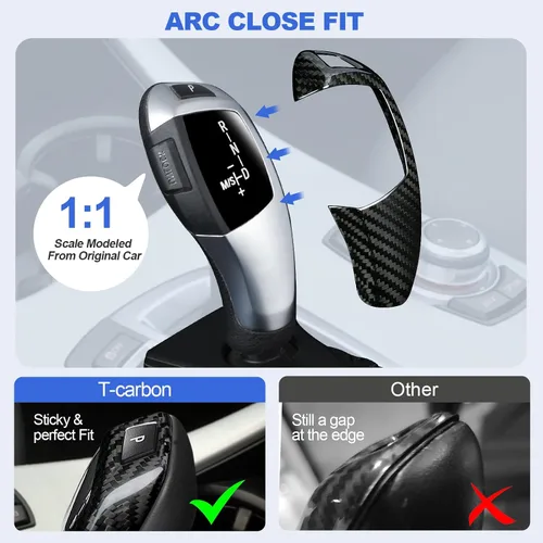 Vista 4 de T-carbon Cubierta protectora de fibra de carbono real para perilla de palanca de cambios compatible con BMW F01 F02 F03 F04 F07 F10 F11 F15 F16 F18