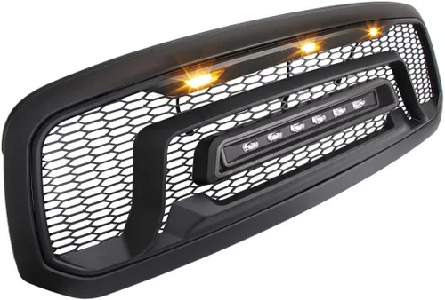Vista 4 de Rejilla delantera compatible con Dodge Ram 1500 2013-2018, Ram 1500 Classic 2019-2023, parrilla de parachoques negra mate con luces todoterreno