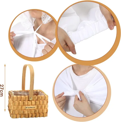 Vista 2 de Panitay 4 accesorios de disfraz colonial, gorra blanca de la mafia, delantal de mujer de la pradera, chal de encaje, cesta de pícnic para mujeres