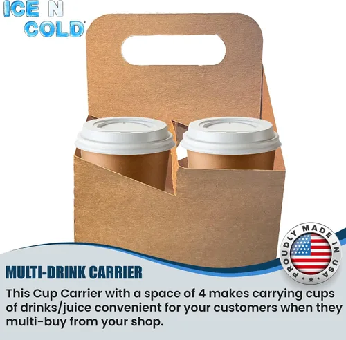 Vista 3 de Portabebidas de 4 tazas con asa Soporte de cartón kraft desechable para bebidas calientes o frías, servicios de entrega de alimentos, Uber Eats