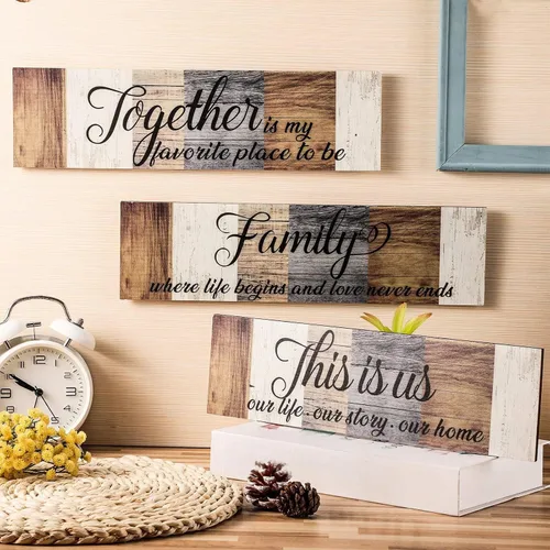 Vista 6 de Jetec Letrero de madera familiar de 3 piezas con texto en inglés "This Is Us", decoración rústica de madera para el hogar, decoración de pared Marrón
