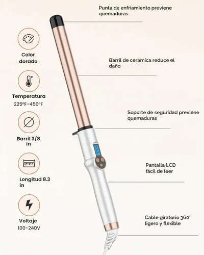 Vista 6 de Varita rizadora de barril extra larga de 1 pulgada, varita rizadora de turmalina de cerámica profesional de doble voltaje con temperatura ajustable