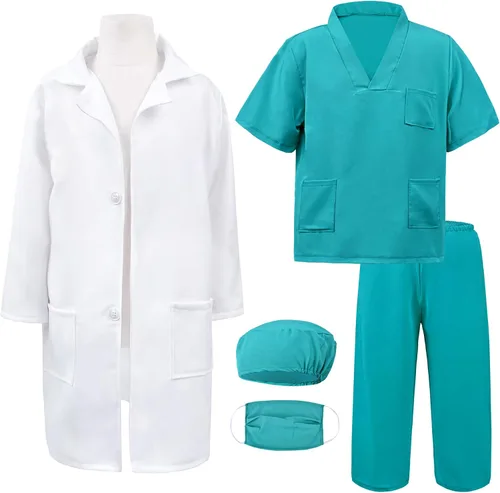 Vista 2 de Disfraz de médico para niños, conjunto de bata de laboratorio y ropa quirúrgica con accesorios para jugar y disfrazarse de 3 a 12 años Verde