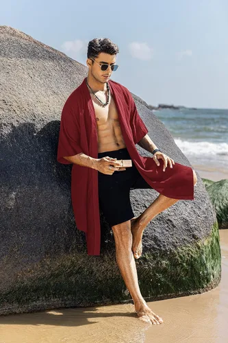 Vista 3 de COOFANDY Cárdigan de algodón con cuello de chal con volantes para hombre, chaqueta larga tipo kimono con parte delantera abierta