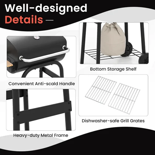 Vista 4 de Happygrill Barrel Charcoal Grill con mesa auxiliar plegable y 2 ruedas