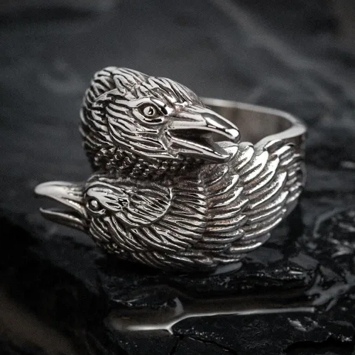 Vista 8 de BAVAHA new store - Anillo de acero inoxidable 316L para hombre, dos cuervos entrelazados, mitología nórdica, color plateado, anillos de acero