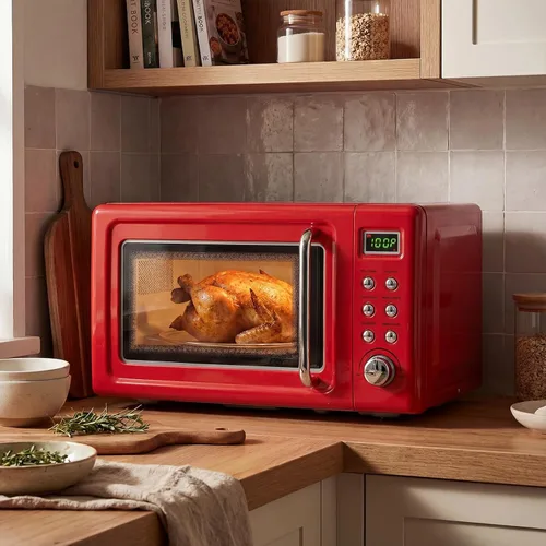 Vista 10 de LDAILY Horno de microondas pequeño retro de 0.7 pies cúbicos, microondas compacto de encimera de 700W con 5 niveles de potencia, menús de cocción