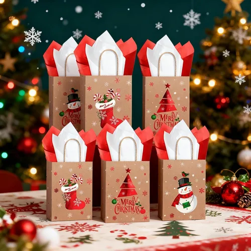 Vista 7 de Funrous 16 bolsas de regalo de Navidad a granel con asas y papel de seda, bolsas de golosinas de Navidad para regalos de dulces, envoltura de papel