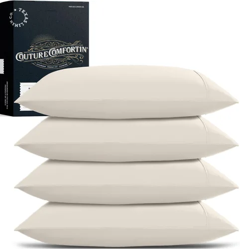 Vista 26 de TEXAS LINEN CO. Juego de 2 fundas de almohada 100% de algodón egipcio, tamaño estándar/Queen, fundas de almohada de lujo de alta serie color beige