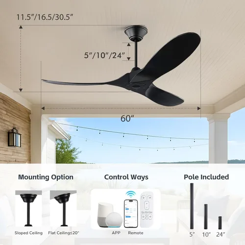 Vista 7 de Ventilador de techo negro para exteriores de 60 pulgadas para patios sin luces, clasificado para ambientes húmedos, ventilador de techo inteligente