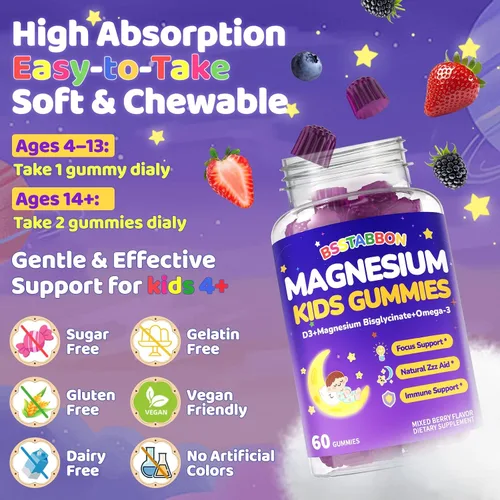 Vista 6 de Gomitas de glicinato de magnesio para niños de más de 4 años: extra fuerte, sin melatonina, bisglicinato de magnesio, 100 mg 200 mg Suplemento