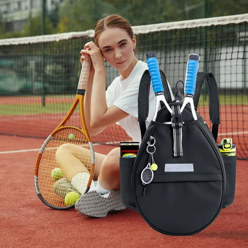 Vista 8 de Mochila de Tenis con Soporte para 2 Raquetas, Bolsa de Raqueta de Tenis de Cuero PU Resistente al Agua para Mujeres y Hombres, Mochila Deportiva