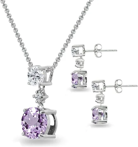 Vista 9 de B. BRILLIANT Plata esterlina genuina, creada o simulada con piedra preciosa y topacio blanco redondo, juego de collar y aretes colgantes de 3