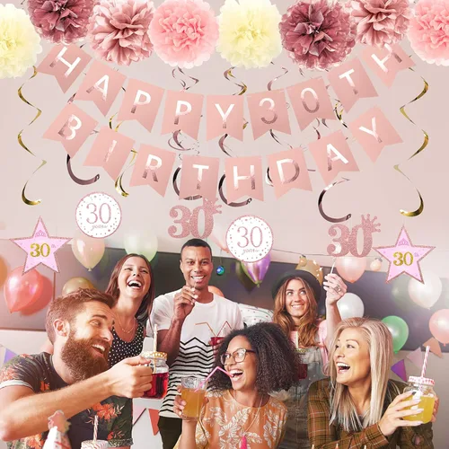 Vista 3 de Decoraciones de fiesta de oro rosa, pancarta de feliz cumpleaños 30 con purpurina de oro rosa, pompones, kit de espirales colgantes brillantes