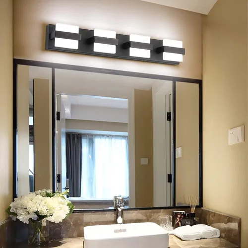 Vista 2 de SOLFART - 4 lámparas de iluminación de tocador modernas de color negro claro para baño, se ponen encima de un espejo contemporáneo, luces de pared