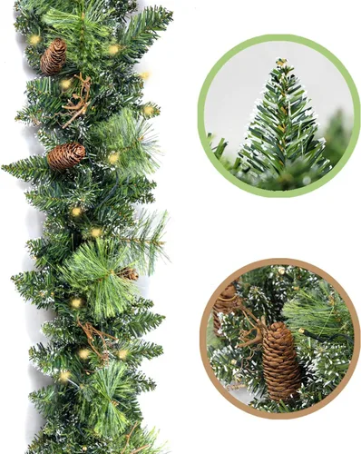Vista 10 de Guirnalda de Navidad Preiluminada de 9 Pies con 50 Luces LED, Guirnalda de Navidad Estilo Nieve, Decoración Navideña a Batería para Repisa