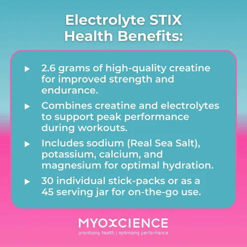 Vista 7 de MYOXCIENCE Electrolyte STIX Polvo de electrolito de creatina Recuperación del ejercicio y el desarrollo muscular con sal real