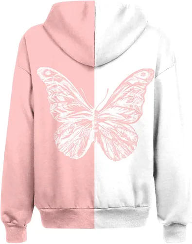 Vista 3 de Blczomt Sudaderas de forro polar para mujer, con cremallera, con estampado de mariposas, de gran tamaño, con cordón, casual, de manga larga