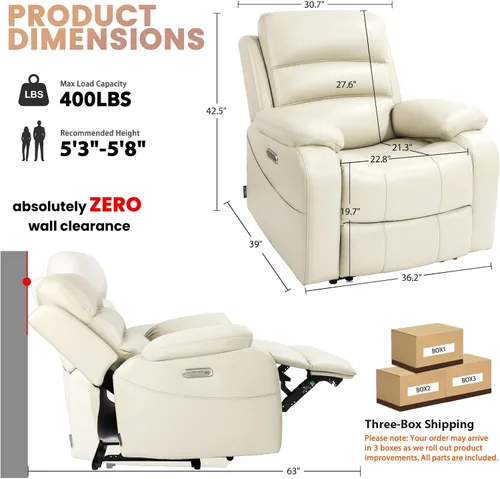 Vista 3 de EONIX - Silla reclinable eléctrica de doble motor, cero espacio libre Blanco crema