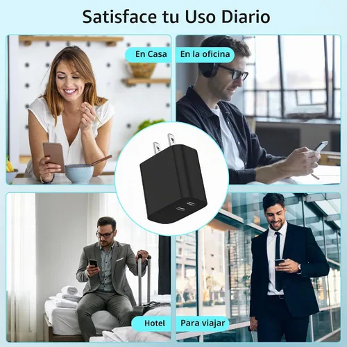 Vista 2 de Paquete de 3 bloques de cargador USB C, enchufe de pared rápido de 20 W de doble puerto (negro)