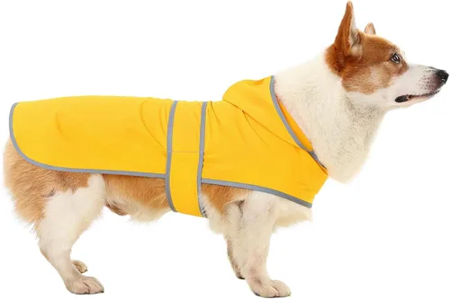 Vista 18 de Impermeable para perros pequeños y cachorros, chaqueta impermeable con capucha con tiras reflectantes, agujero para la correa y poncho de ajuste