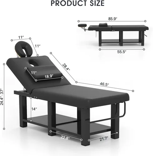 Vista 4 de Mesa ancha de masaje resistente con reposacabezas para spa, terapia y Negro