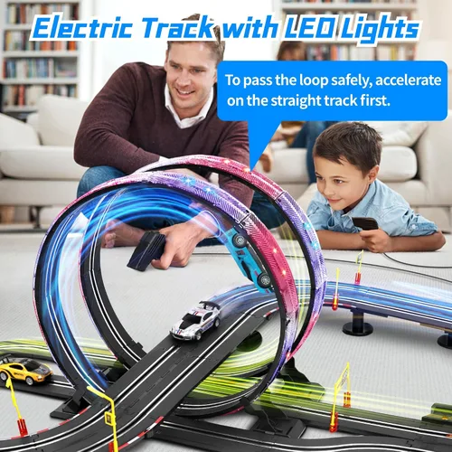 Vista 2 de Juego de pistas de carreras de autos de tragamonedas, pista eléctrica de 19 pies con luces LED y 4 autos de tragamonedas, 2 controladores de mano